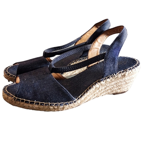 Clarks Denim Espadrilles Wedges 9.5 Sandals Petrina Lulu peep-toe - Picture 2 of 15
